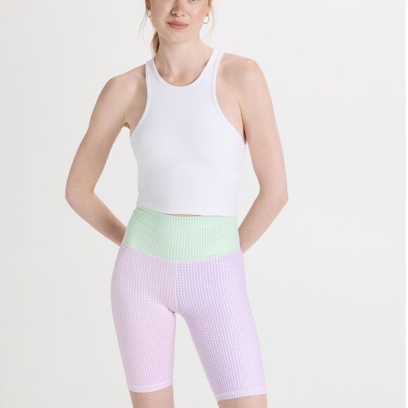 NWOT New Terez Gingham Pink/Purple/Green TLC Biker Athletic Work-Out Shorts L - Picture 1 of 9
